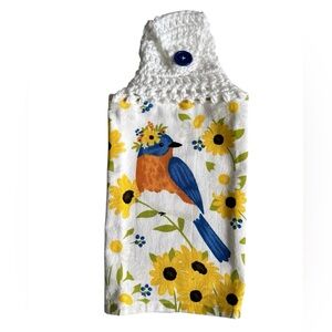 Hand Crafted Floral Blue Bird Hanging Kitchen Hand Towel Crochet Top